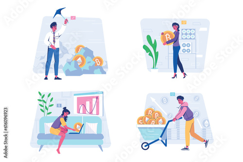 Crypto set concept with people scene in the flat cartoon design. Young specialists work in the field of cryptocurrency. Vector illustration.