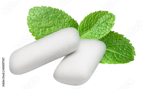 Photos Two chewing gum pieces with fresh mint leaves, cut out