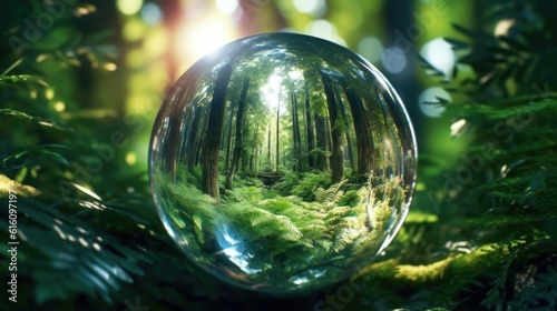 Sunlight and green forest captured with crystal lens ball.  Generative AI 