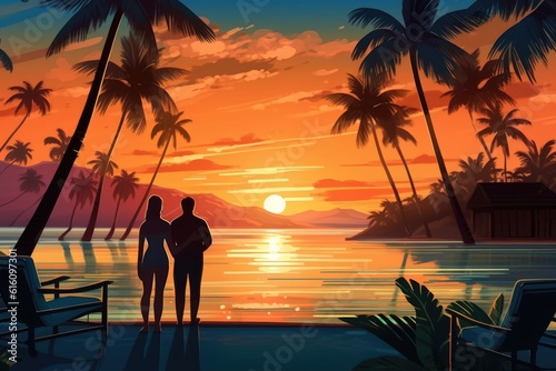 A warm location's sunset enjoyed by a couple or family. (Illustration, Generative AI)