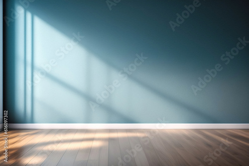 Photographie Blue turquoise empty wall and wooden floor with interesting with glare from the window