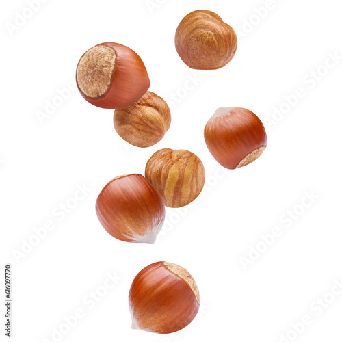 Flying delicious hazelnuts cut out photo