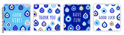 Turkish evil eye symbol square cards. Ethnic blue greek protection from the spoilage signs. Good vibes, Luck, Thank you, Have fun, quotes. EPS 10 vector illustration