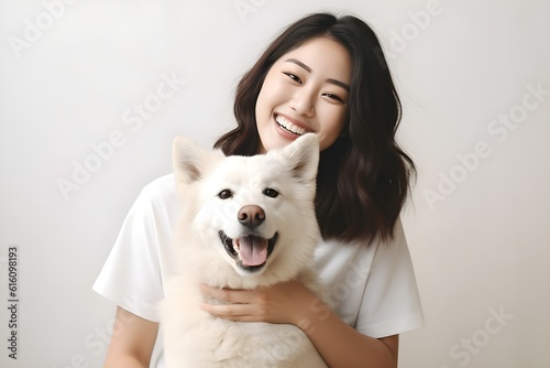 Tシャツを着た女性と愛犬 with generative ai