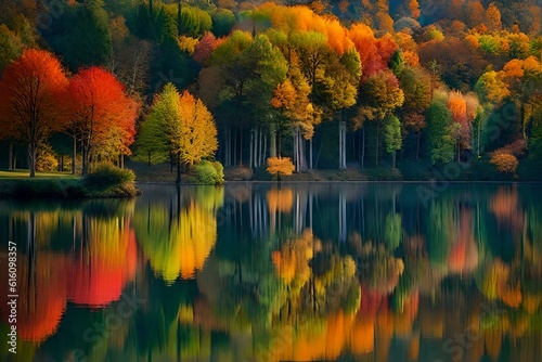 autumn trees reflected in water generated Ai 