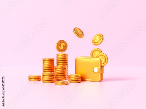 3d wallet, stack of coins, on pink background, saving money concept, online payment and payment. 3d illustration