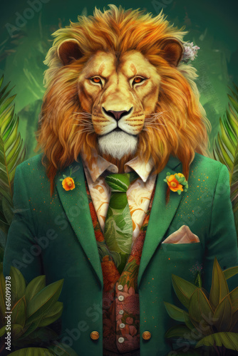 elegant alpha lion spirit animal wearing green suit - by generative ai	
