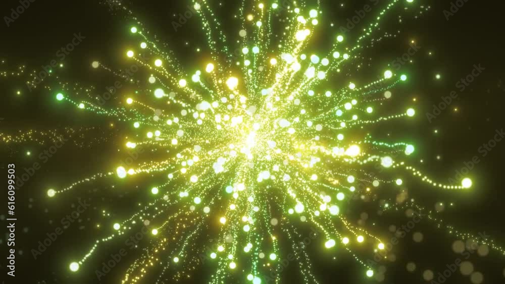 Abstract multicolored energy fireworks particle salute magical bright glowing futuristic hi-tech with blur effect and bokeh background