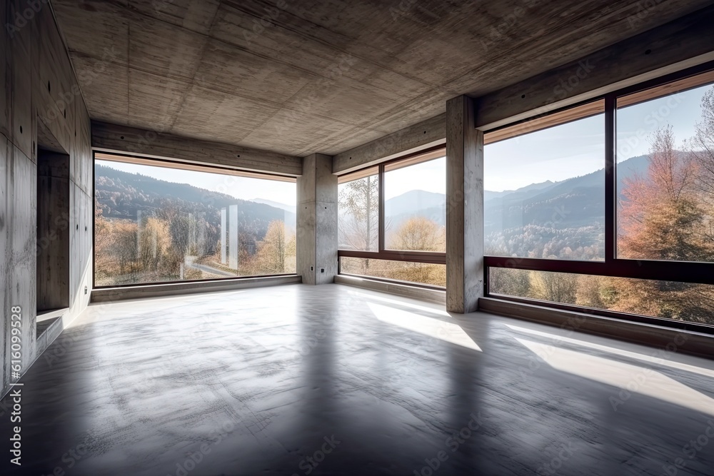 Modern concrete interior with panoramic view