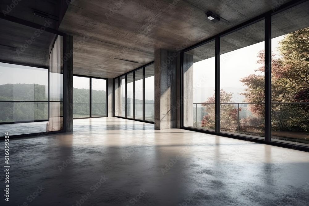 Modern concrete interior with panoramic view Modern concrete interior with panoramic view