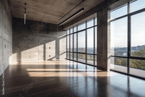 Modern concrete interior with panoramic view