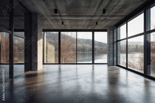 Modern concrete interior with panoramic view