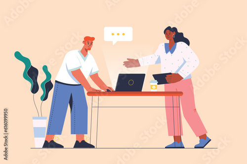 Business meeting concept with people scene in the flat cartoon design. Business colleagues met to discuss all the details of the work. Vector illustration.