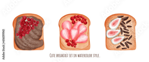 Cute breakfast set in watercolor style.
