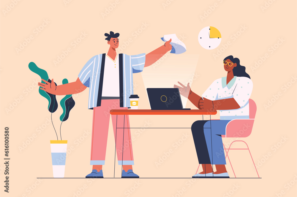 Deadline concept with people scene in the flat cartoon style. The boss reminds the employee about deadlines. Vector illustration.