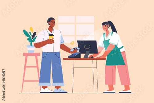 Cash free payment concept with people scene in the flat cartoon design. A man pays for coffee in a cashless way. Vector illustration.