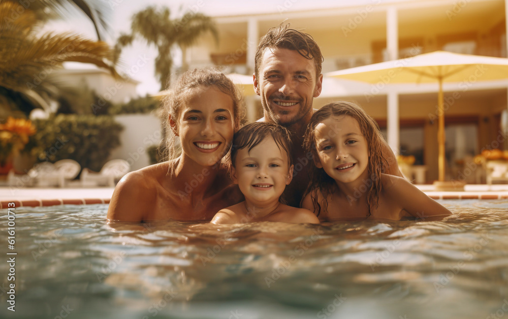 A happy family enjoys and relaxes in the swimming pool during the summer holidays A happy family enjoys and relaxes in the swimming pool during the summer holidays