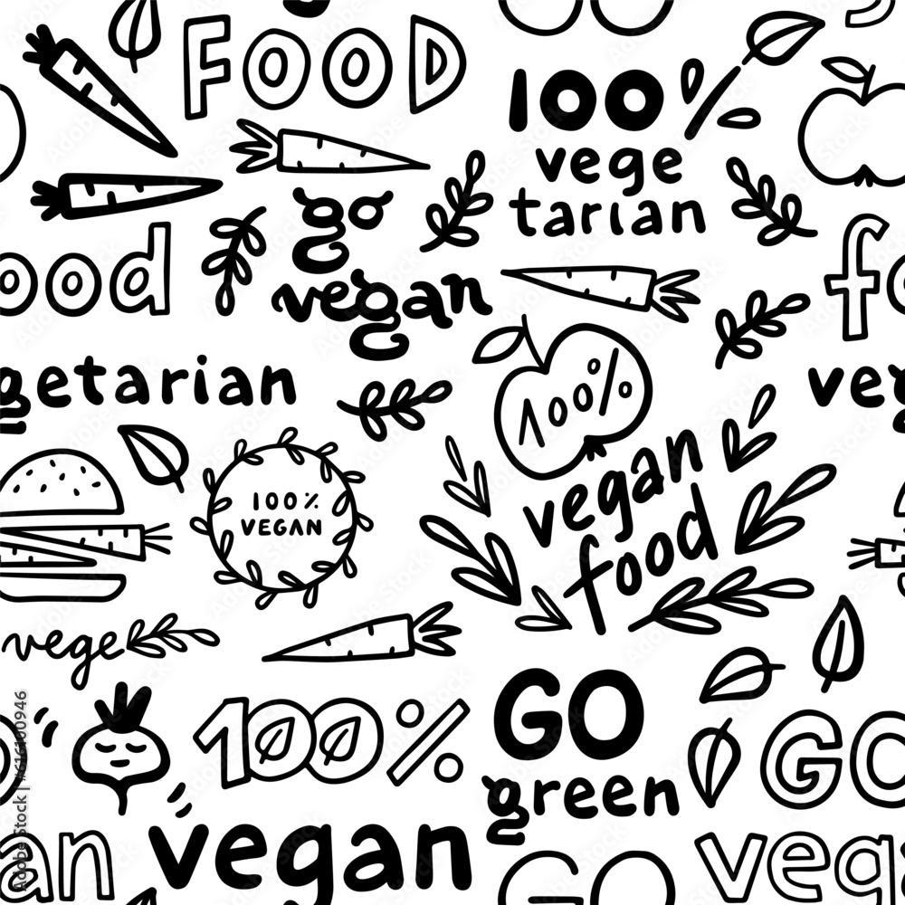 monochrome linear abstract vegetarian vegan seamless pattern with typographic and graphic doodle elements isolated on white background for web and print