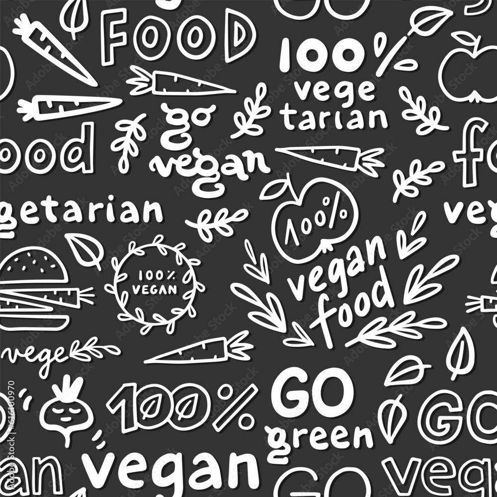 monochrome linear abstract vegetarian vegan seamless pattern with typographic and graphic doodle elements isolated on dark background for web and print