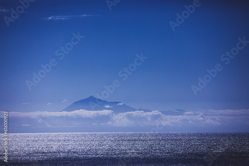 Silhouette of the volcano Teide seen from La Palma island on a sunny day.