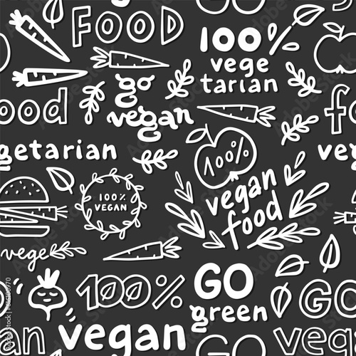 Obraz na płótnie monochrome linear abstract vegetarian vegan seamless pattern with typographic and graphic doodle elements isolated on dark background for web and print w salonie