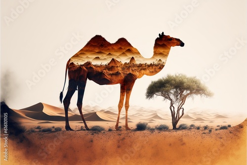 Camel abstract artwork in double exposure of sahara desert, animal art with sand landscape as dromedary with nature background concept. Superb Generative AI. photo