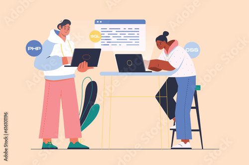 Coding concept with people scene in the flat cartoon design. Programmers write code for applications. Vector illustration.