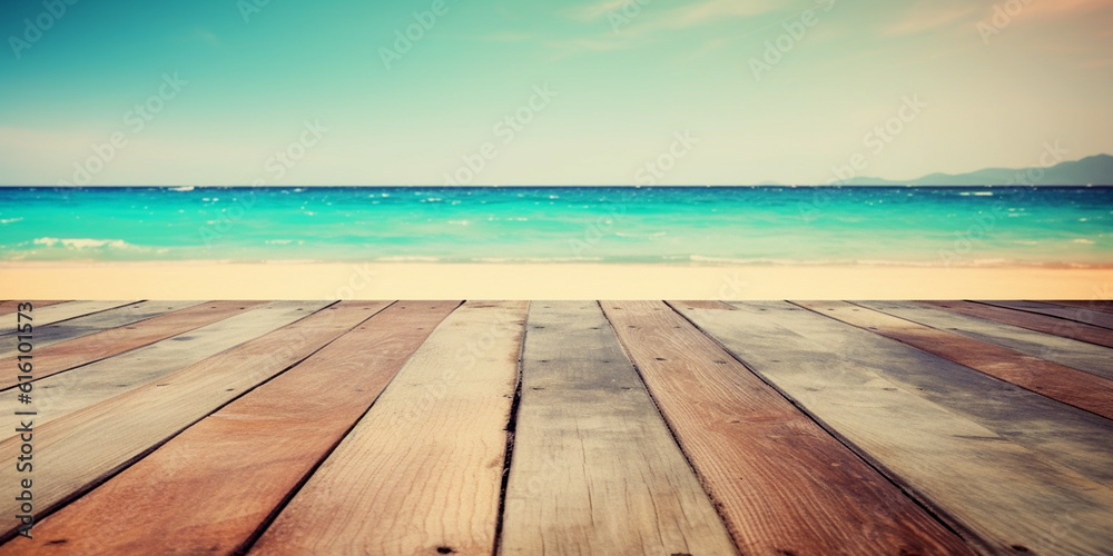 Holztisch am Meer, generative AI Holztisch am Meer, generative AI