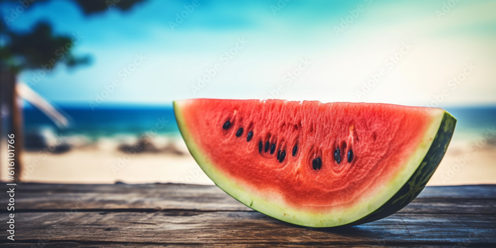 frische saftige Wassermelone am Strand, generative AI frische saftige Wassermelone am Strand, generative AI