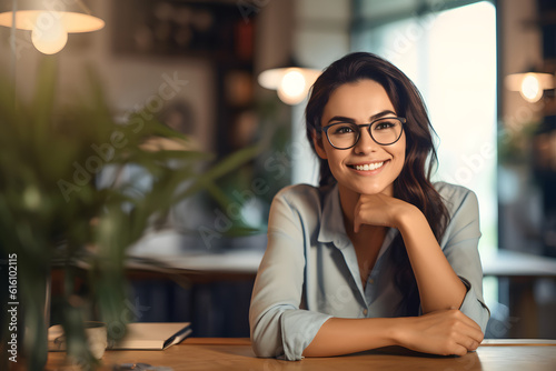 Businesswoman entrepreneur freelancer smiling and rejoices in victory while sitting at desk and working at laptop after finishing project 