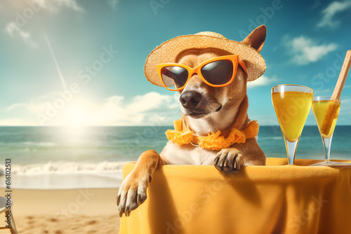 Chihuahua dog is on summer vacation at seaside resort and relaxing rest on summer beach of Hawaii Generative AI