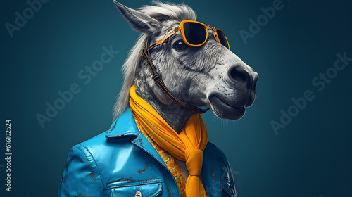 Cool looking horse dog wearing funky fashion dress. Blue theme background. Stylish animal posing as supermodel. Generative AI