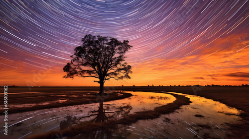 Sunset star trail over the river photography. Generative AI