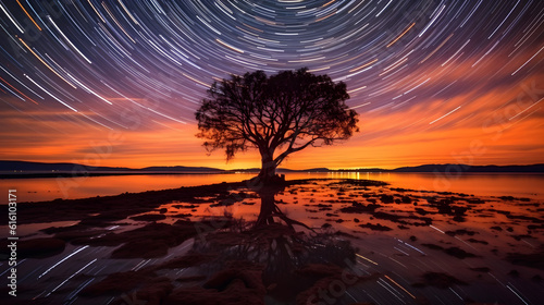 Sunset star trail over the river photography. Generative AI