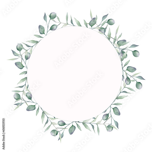 round frame of eucalyptus branches.Frame for business card, invitation, scrapbooking. hand painted, isolated watercolor illustration on white background © Диана Ибраева