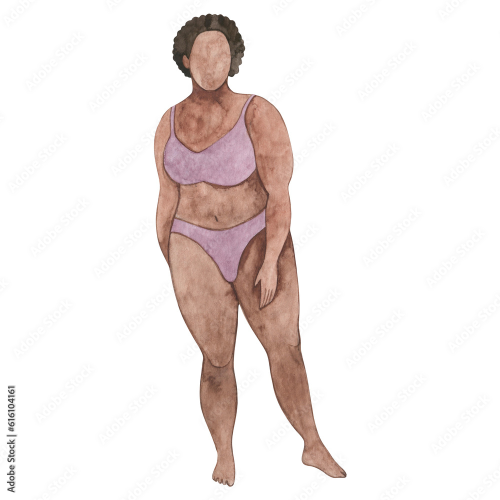 Watercolor drawing of a plump black woman with shadowy curly hair in a bathing suit. Black girl template. Hand drawn. Watercolor drawing of a plump black woman with shadowy curly hair in a bathing suit. Black girl template. Hand drawn.