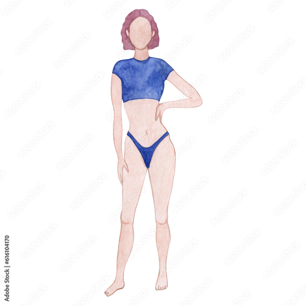 Watercolor illustration of a young white girl with pink hair in a swimsuit. Light-skinned thin woman template. Hand drawn. Watercolor illustration of a young white girl with pink hair in a swimsuit. Light-skinned thin woman template. Hand drawn.