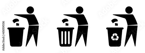 tidy man throw garbage, waste, trash, dust in dustbin icon set isolated. Garbage symbol. Trash icon. Vector illustration.  Recycle symbol icon vector illustrations, for app and website posters, banner