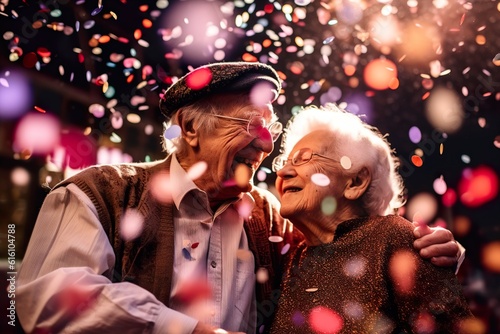 Happy old couple is dancing together on evening party. Generative Ai