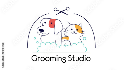 Vector logo with a cute dog and a cat in bubble bath. Pet logo for grooming studio with scissors. Ways to care for dogs and cats. An illustration of hygienic care for pets. Washing and caring for pets