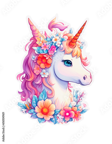 STICKER, illustration of vivid cute unicorn, fantasy flowers splash, vintage watercolor design,