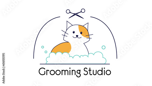 Vector logo with a cute cat in a bubble bath. Pet logo for grooming studio with scissors. Ways to care for cats. An illustration of hygienic care for pets. Washing and grooming pets