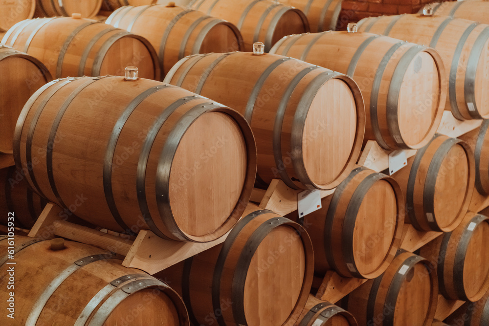Wine or cognac barrels in the cellar of the winery, Wooden wine barrels in perspective. Wine vaults.Vintage oak barrels of craft beer or brandy. 