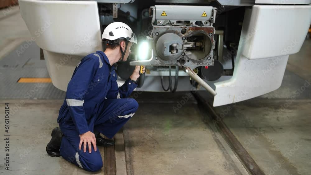 Railway Transportation Inspector With Engineer Checking and Maintaining part of train in station. Railway Transportation Inspector With Engineer Checking and Maintaining part of train in station.