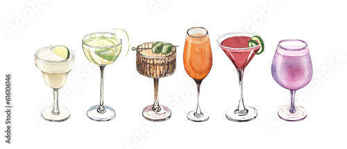 Watercolor cocktail glasses set: martini, gin, wine, margarita, goblet, liquor, rum. Hand-drawn illustration isolated on white background. Perfect for recipe lists with alcoholic drinks, for cafe