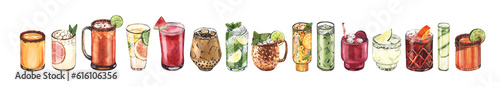 Foto Watercolor cocktail glasses set: martini, gin, wine, margarita, goblet, liquor, rum