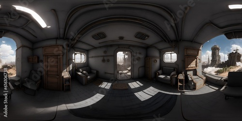 Post-apocalyptic ruined city. Destroyed buildings 360 Panorama HDRI interior.