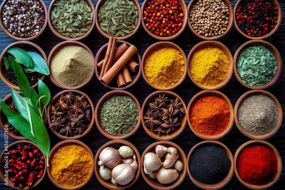 Vibrant Assortment of Spices and Herbs. Generative AI
