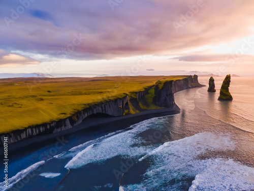 Beautiful landscape panorama at sunset from a cliff in Iceland