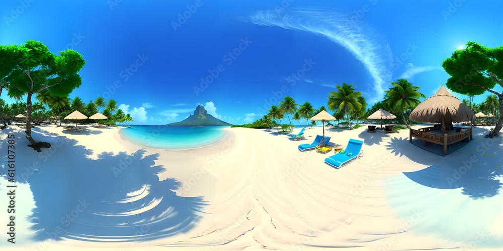 Full 360 degrees seamless spherical panorama HDRI equirectangular projection of  tropical island beach. Texture environment map for lighting and reflection source rendering 3d scenes.